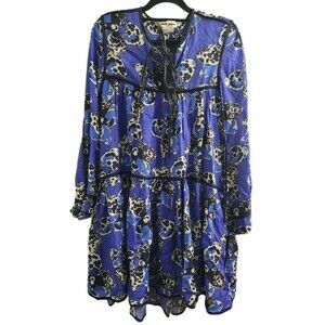 Anthropologie Dhruv Kapoor Long Sleeve Blue Print Babydoll Swing Mini Dress XXS